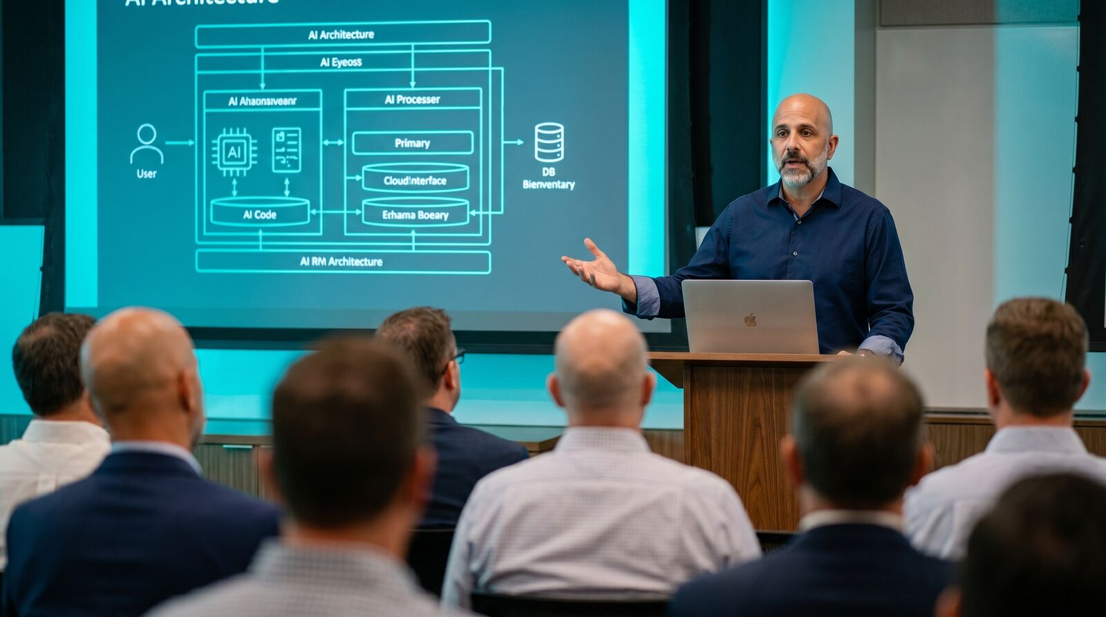 Vinnie Ingallinera teaching at a podium, walking attendees through an AI architecture diagram