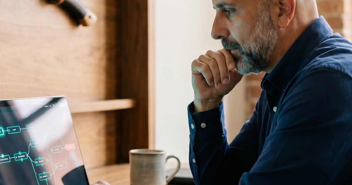 Vinnie Ingallinera at his laptop reviewing an AI automation workflow, with an axe mounted on the wall behind him and an Army challenge coin on the shelf — symbolizing his journey from soldier to small-business owner to AI builder.
