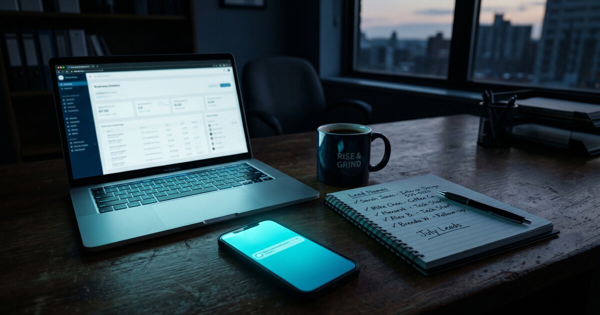 A small business owner's desk at dawn — laptop, coffee, handwritten lead list, and a smartphone glowing cyan with a new lead notification. The kind of small business lead response time setup that catches every call.