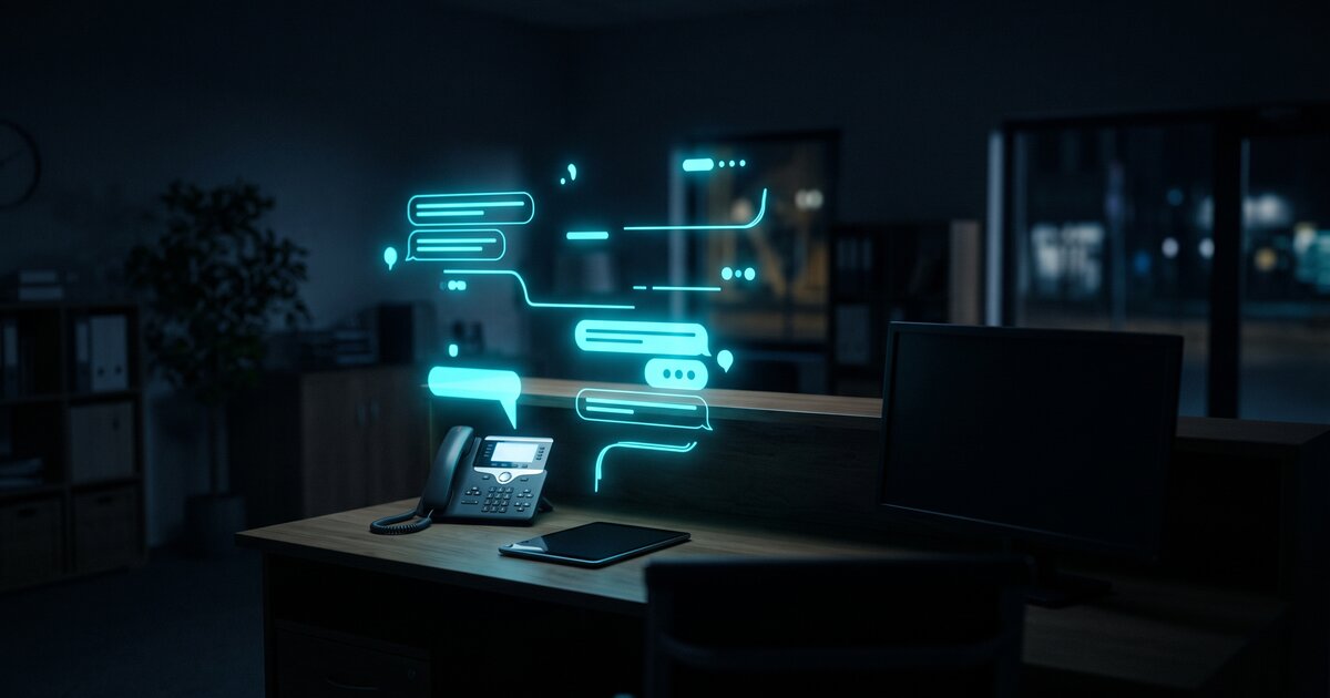 An empty front desk at night with cyan message threads answering calls and texts on their own, the smart CRM that AI business consultants in Augusta install first